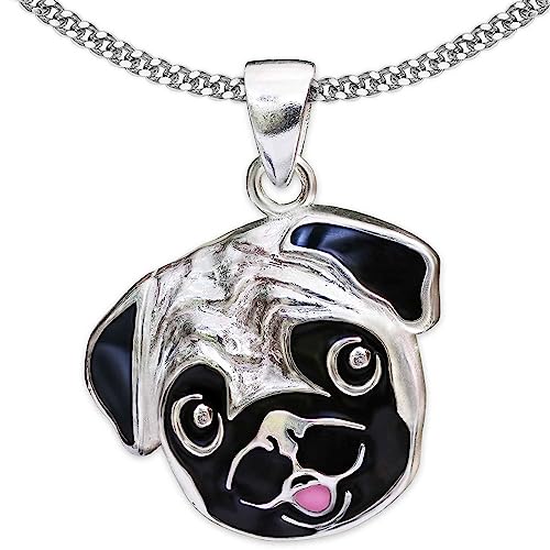 CLEVER SCHMUCK Mops Halskette großer Anhänger massiv 18 mm plastisches Gesicht bunt lackiert Kette Panzer 45 cm Sterling Silber 925 im Etui weiß