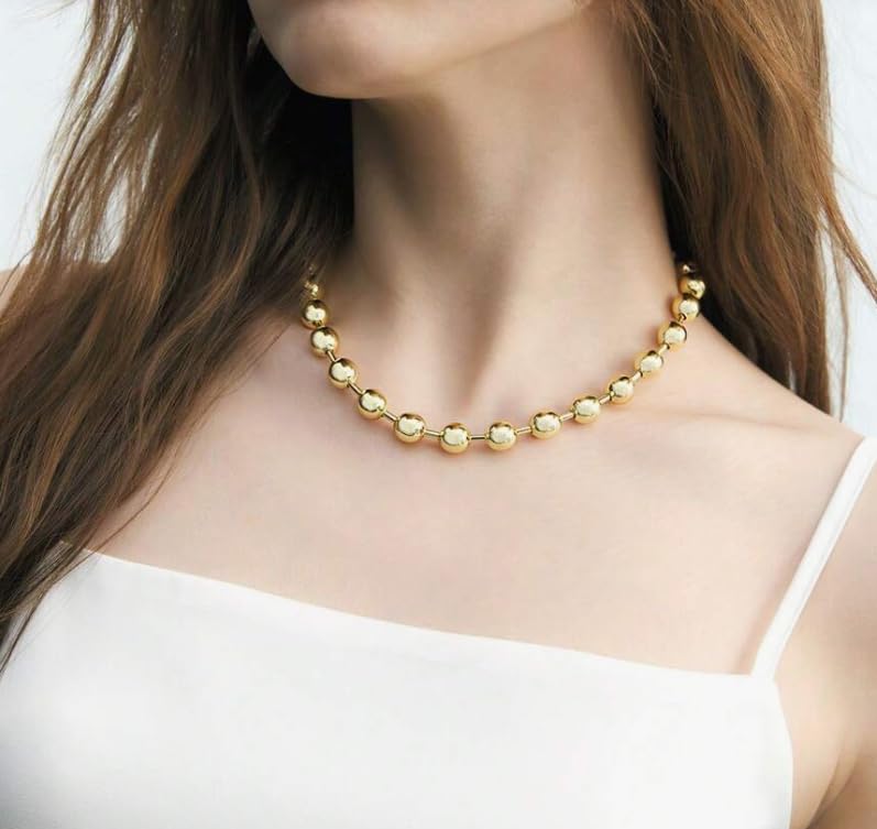 JNF 14K Gold Plated Ball Love Necklace for Women Chunky Heart Necklace Layering Beaded Chain Choker Necklaces Length 18 Inches Adjustable2