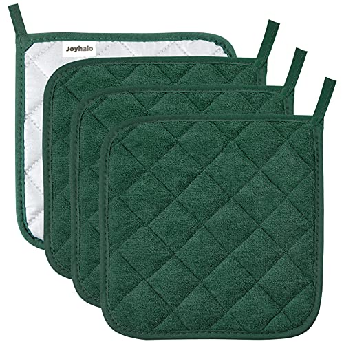Joyhalo 4 Pack Pot Holders for Kitchen,Cotton Oven Holder with Great Heat Resistance,Non Slip Hot Pads for Kitchen Clearance,Dark Green