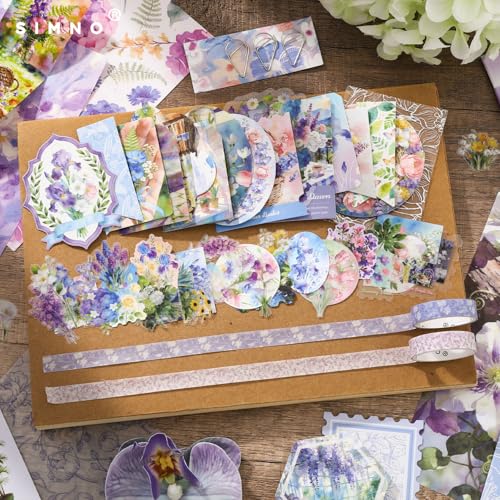 Image of VIBE VISTA Vintage Aesthetic Scrapbook Kit, 346 Pcs, A6 Grid Notebook, Washi, Envelopes, Scrapbook Papers, Folding Labels, Background Papers, Photo Frames, Calendar Stickers, Stickers (Twilight iris)