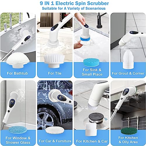 Electric-Spin-Scrubber-Cordless-Cleaning-Brush-with-Adjustable-Extension-Arm-9-Replaceable-Cleaning-Heads-LED-Screen-Voice-3-Adjustable-Speeds-Power-Shower-Scrubber-for-Bathroom-Tub-Tile-Floor