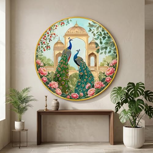 Image of SAF Royal Peacock Couple Wall Painting Round PVC Golden Frame Floral Garden Artwork Elegant Bird Art for Living Room Bedroom Hallway Office Home Decor (23 x 23 Inch) GR-411