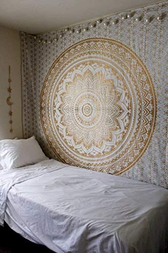 Anjaniya Ombre Wall Hanging Bohemian Tapestry, Metallic Wall Art Bedspread, Psychedelic Hippie Mandala Dorm Décor For Hanging, Bedding, Beach Coverlet Curtain, Gold, 54"X60" #TOP4