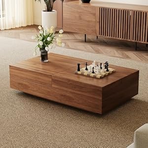 Mid-Century Expandable Coffee Table with Storage – 47.2″-81.9″ Adjustable Center Table for Living Room, Walnut Wood Finish