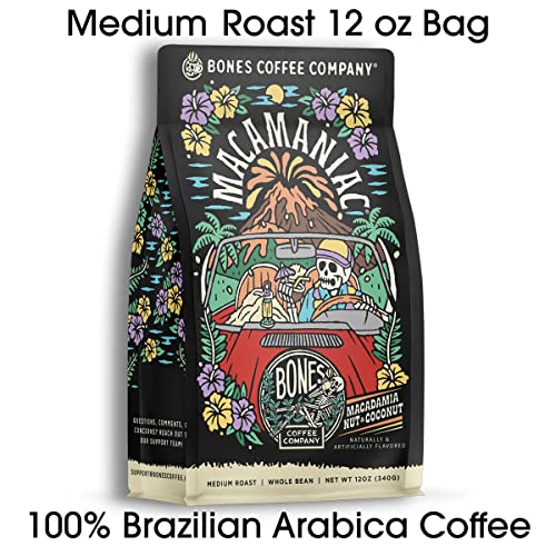 Bones Coffee Company Macamaniac Flavored Whole Coffee Beans Macadamia And Coconut Flavor | 12 Oz Flavored Coffee Gifts Low Acid Medium Roast Flavored Coffee Beverages (Whole Bean) #TOP2