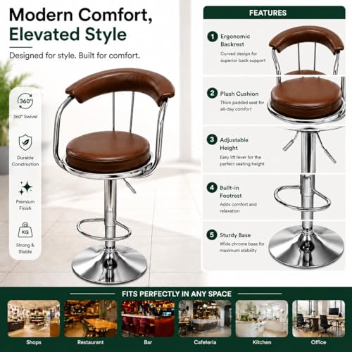 Image of Kemon Modern Adjustable Swivel Bar Stool Chair with Backrest, PU Leather Hydraulic Counter Stool with Footrest for Kitchen Island, Cafe & Home Bar (1, Brown, Round Barrel Stool)