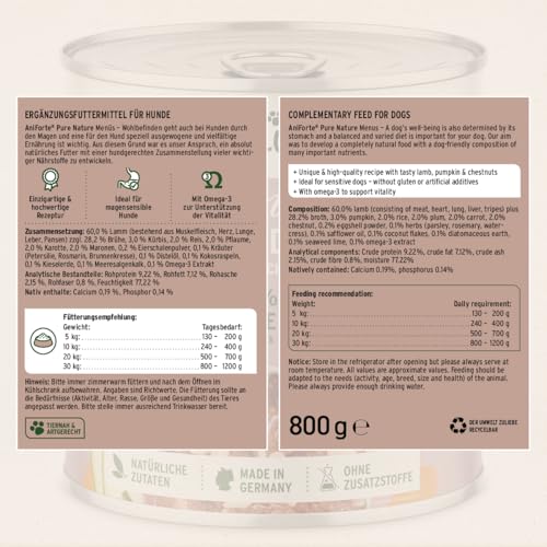 AniForte Hundefutter Nass FarmsLamb 6 x 800g – Nassfutter für Hunde, Frisches Lamm mit Gemüse & Früchten, hoher Fleischanteil, Natürliches Hundenassfutter glutenfrei