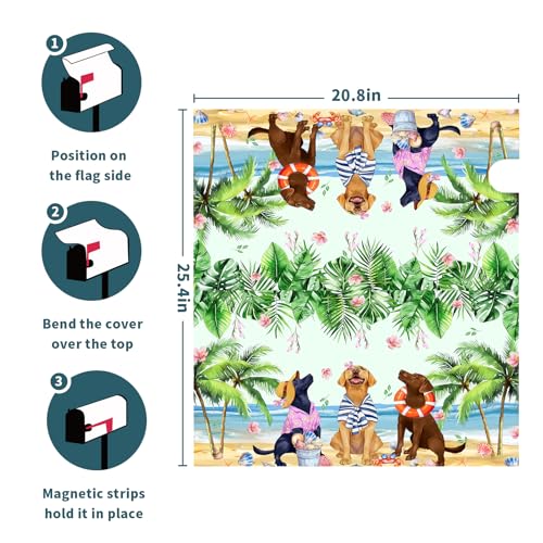 Image of Summer Dogs Magnetic Mailbox Cover 25.5x21Inch Funny Tropical Beach Coastal Puppy Waterproof Mailbox Wrap Letter Post Cover Large Size for Garden Yard Outdoor Season Outside Decor