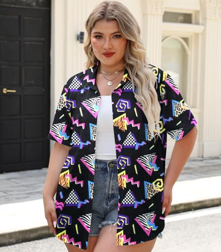 Plus Size 80s 90s Outfits for Women 90s Theme Party Disco Shirt 80s Hawaiian T-Shirt Retro Neon Button Down Blouse Tops3