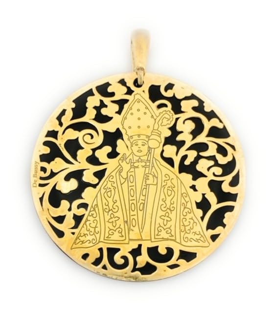 Médaille Saint Fermin pendentif argent sterling plaqué or 18 carats onyx pierre fine noire