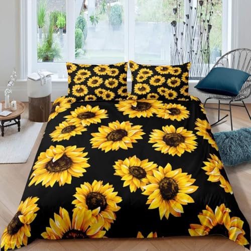 Homemissing Fleurs 3D Enfants Sets de Housse de Couette Femmes Fleurs Jaunes Parure de Lit Tournesol Motif Floral Housse de Couette 220x240cm Plantes...