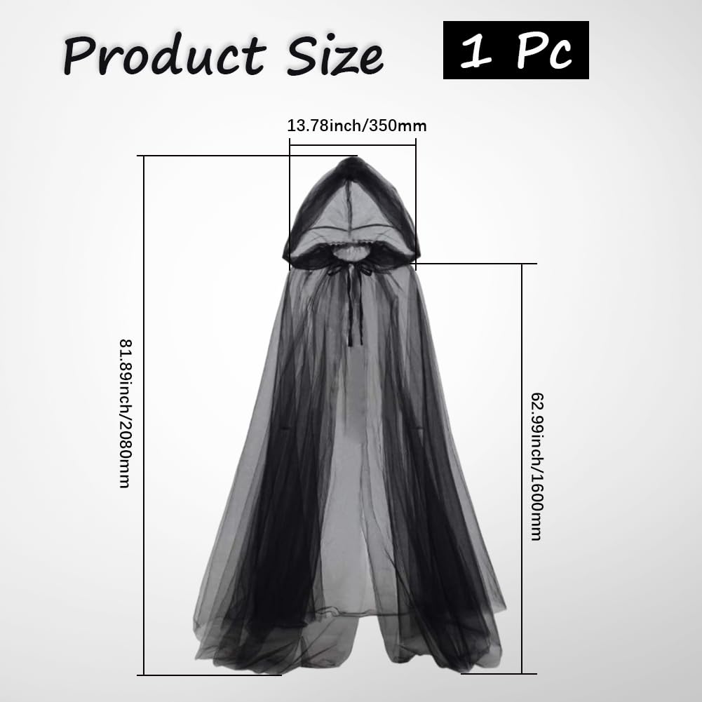CABODYALS Black Elf Cloak with Hood Long Soild Vampire Halloween Cape Gothic Ghost Sheer Tulle Mesh Silk Witch Hooded Polyester Dresses Robe for Women Cosplay Party Costumes Performances Accessories - Image 2