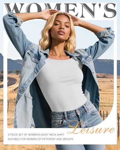 Ficerd 3 Pack Women's 3/4 Sleeve Boat Neck Cotton T Shirts Slim Fit Tight Basics Top Casual Comfy Tees4