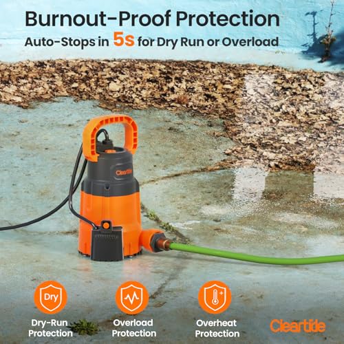 Cleartide 1/3 HP Submersible Utility Pump, 2790 GPH High Flow, Portable Sump Pump with Auto Water Sensor, Ideal for Pool, Flooded Basement, Hot Tub, Pond and Garden Draining by Cleartide - Image 6