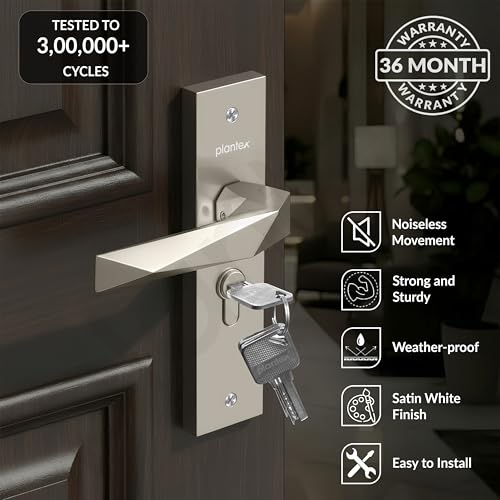 Image of Plantex Heavy-Duty Door Handle Lock Set / 6-Lever Lock Mechanism with 3 Years of Warranty /Mortise Door Lock with 3 Keys - (8129-Satin White)