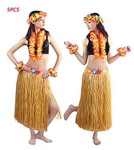 5Pcs/ Set Women's Hawaiian Luau Elastic Grass Hula Skirt 80Cm, Gold, One Size #TOP3