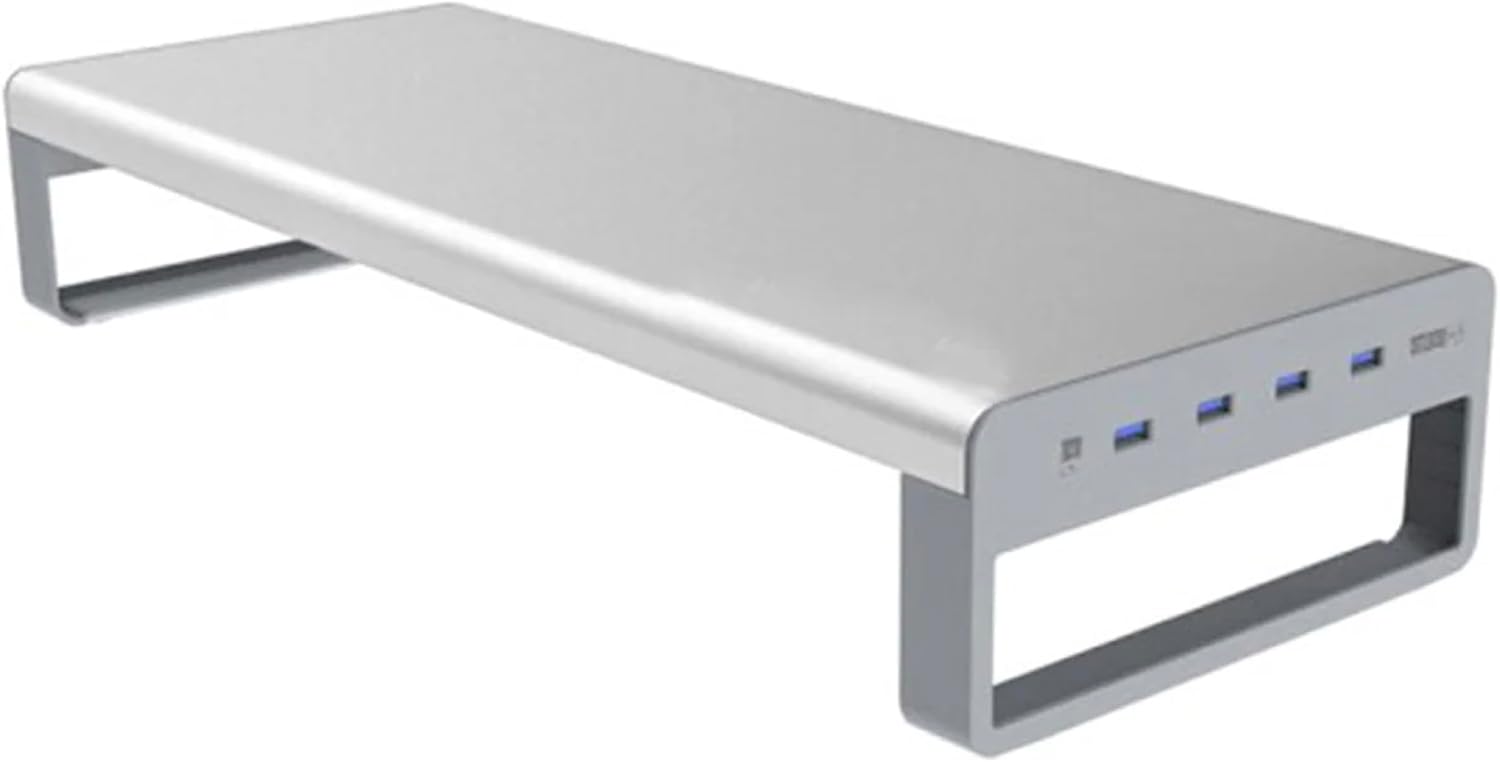 OTM Essentials Slim Aluminum Monitor Stand, Desk Riser with Non-Slip Padding and Tilted Surface, Versatile Home Office Essentials, Equipped with 4 USB Ports