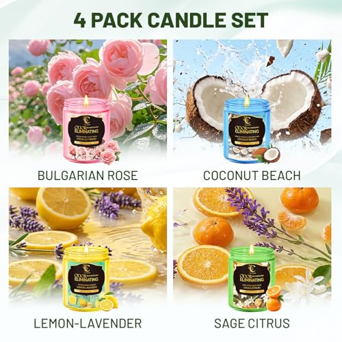 Image of Odor Eliminating Candle, Scented Candles Set for Home, 4 x 7oz | Eliminates 95% Of Pet, Food & Other Smells, Soy Wax Candles, 50Hr Burn, Air Fresh Scent of Lavender /Coconut /Rose,Sage Citrus