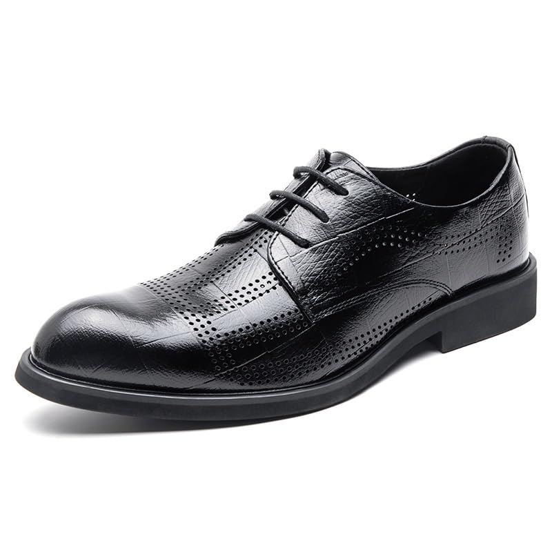 Dress Shoes for Men Lace Up Pointed Burnished Toe Breathable Hollow Out Faux Leather Derby Shoes Non Slip Resistant Rubber Sole Low Top Block Heel