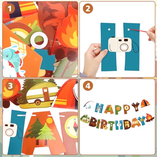 Image of Camping Happy Birthday Banner Camper Birthday Party Decoration Fun House Banner with Campfire Tent Oil Lamp Adventure Camping Birthday Party Decoration for Kids Boys Girls Outdoor Yard Campsite Decor