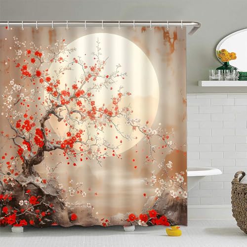 Filmilil BS-5923AM-180X180 Asian Decor Shower Curtain Brown Red Cherry Blossom Branch Full Moon Japanese Red Floral Chinese Traditional Ink Painting Vintage Bathroom Curtain Set Polyester Fabric Hooks 70 X 70 Inch thumb #1