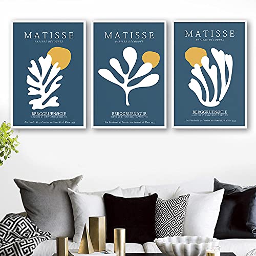 Photos murales pour salon décor Matisse bleu corail : lot de 3 toiles 50x70cm