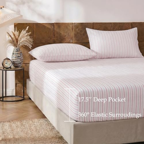 Image of Merryword Classic Striped Sheet Set King Size, 100% Cotton Bedding Sheet 4 Pieces, Soft Breathable Percale Weave, Deep Pocket Sheet 17.5 inch, Luxury Linen Like, Farmhouse Style