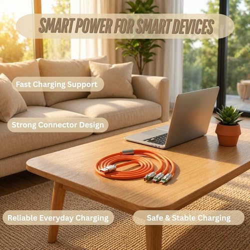 Image of Umake 100w Multi Device Fast Charging Cable 3-in-1, USB to Type-C, ios & Micro USB, High-Speed Charging and Data Transfer, Strong Metal Connector Design, 1M Orange