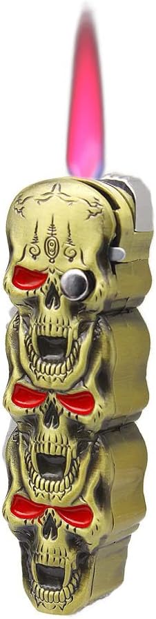 Skull Torch Lighter, Metal Embossed Skull, Cool, Multifunctional, Fillable, Adjustable, Unique Windproof Lighter, Gift for Men, (No Gas) (Gold)
