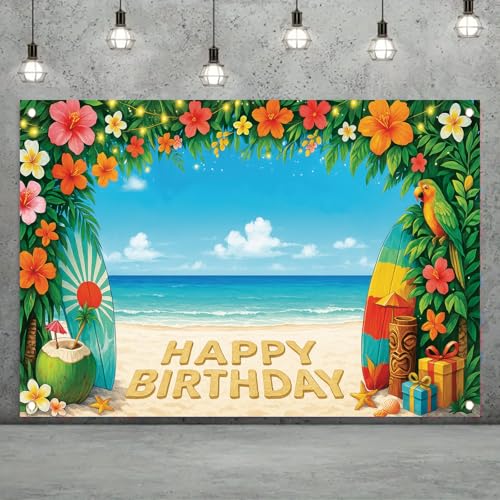 Image of Summer Hawaiian Birthday Backdrop Tropical Flower Beach Party Decorations Banner 71 x 43 Inch Surfboard Parrot Coconut Background for Kids Adults Happy Birthday Photography Props