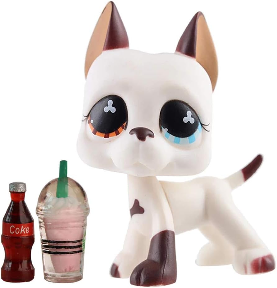 Junior Pet Shop lps Great Dane 577, lps Great Dane White Body Brown Spots with Two Different Eyes with lps Accessories Coke Drink Kids Gift