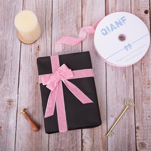 Image of QIANF Vintage Peach Pink Velvet Ribbon Christmas Ribbon for Gift Wrapping Crafts Christmas Tree Ornaments Garland Decorations, 1 Inch X 25Yd