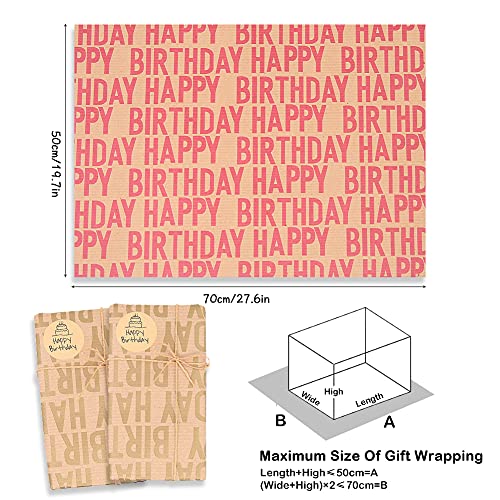 Happy Birthday Wrapping Paper For Boys Men Women Girls Kids,Recycled Gift Wrapping Paper, 20 X 28 Inches Per Sheet (12 Sheets: 47 Sq. Ft. Ttl.) Brown Kraft Folded Paper With Jute Strings, Stickers And Bows For Birthday Occasions #TOP2