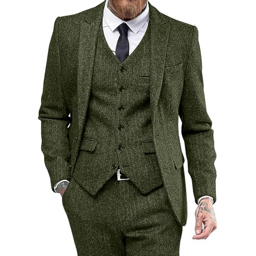3 Piece Tweed Herringbone Suits for Men Slim Fit Two Buttons Men's Suits Vest Tuxedos Suits Pants Set