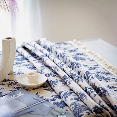Yuurainvuvu French Vintage Blue Rose Floral Cotton Linen Fabric, Stitching Tassel Rectangle Tablecloth For Kitchen thumb #5