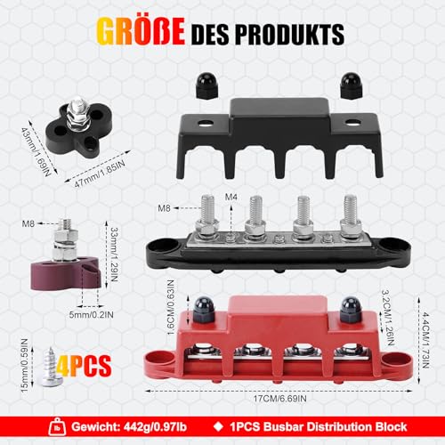 BOSYTRO 2 Stück 12V-48V DC Sammelschienen Verteilerblock 250A BusBar Box mit 5/16 (M8) 4-Posts Klemmenblock mit Abdeckung, Sammelschiene 12V mit 2x Anschlussbolzen M8 für Auto RV Boat (Rot Schwarz)