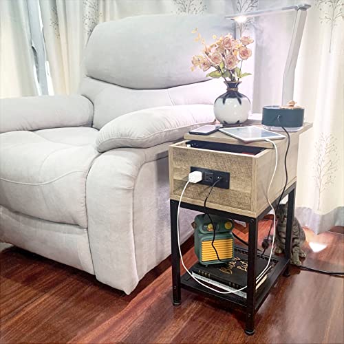 Nightstand With Charging Station Usb Outlet, Narrow End Table With Storage Open Shelf, Couch Side Table Slide Top, Wood & Metal Modern Nightstand With Drawer For Bedroom Living Room Dorm, Light Brown #TOP6