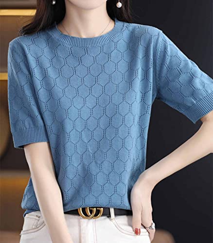 Image of Summer Hollow Out T-Shirt Women's Short Sleeve Sweater Cotton Knitted O-Neck Lightweight Pointelle Breathable Tops