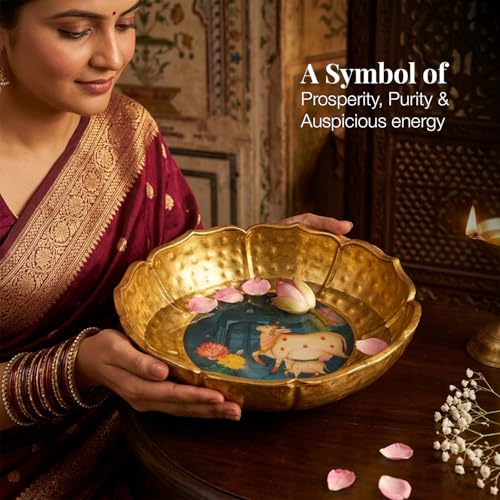 Image of Hammered Golden Lotus Urli Bowl with Sacred Cow Art | Decorative Metal Pooja Urli for Floating Flowers, Tealights & Festive Home Decor | Lotus Petal Design Centerpiece