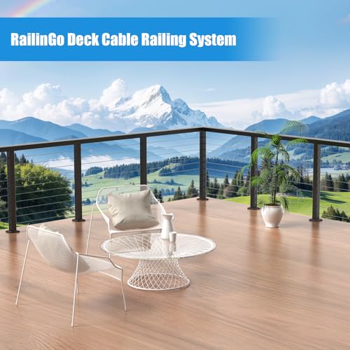 RailinGo 36\" Complete Set Cable Railing Post Kits, Swageless Cable Rail System Includes 4Pack 35\" Level Drilled Posts, 3Pack 4.5FT Cable Handrail w/Connectors, 1/8\" 250FT Wire Rope, Black Wire Railing