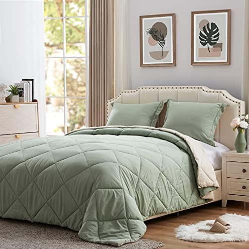 NexHome Lightweight Comforter Set King Size, Down Alternative Solid Comforter Set Thin Microfiber Reversible Summer Bedding Comforter with 2 Pillow Sham (King, Sage Green/Beige)