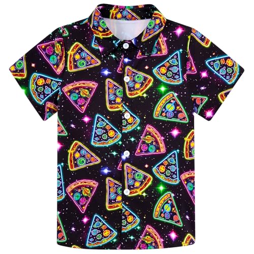 Enlifety 3T 4T Toddler Neon Shirt Boys Pizza Space Button Down Shirts Short Sleeve Planet Galaxy Blouse Tops for School Glow Party