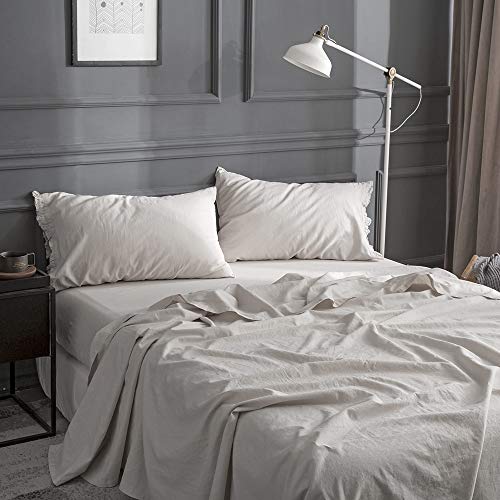 King Linens Belgian Linen Sheet Set with Ruffles - 4 Pieces (1 Flat Sheet & 1 Fitted Sheet & 2 Pillowcases) Natural Flax Cotton Blend Soft Bedding Breathable Farmhouse - Linen, Queen Size