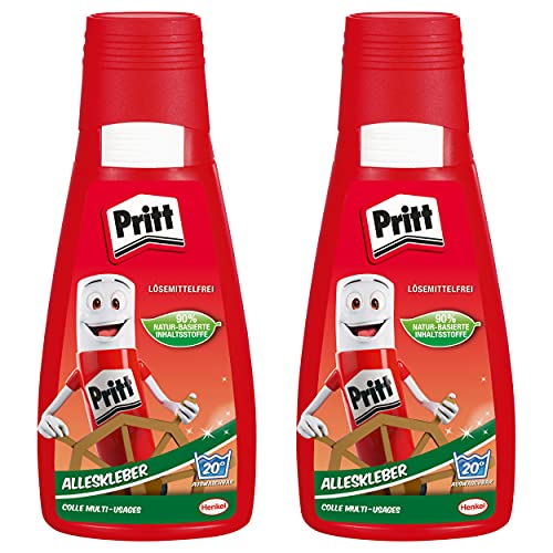 Pritt Alleskleber, schnell trocknender Kleber mit einfacher Anwendung, lösemittelfreier Flüssigkleber,weißer Bastelkleber für viele Bastelmaterialien, Vorteilspack mit 2x 100 g, Transparent, 9H PAKA2X