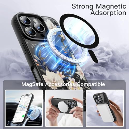 Image of VONZEE Compatible with iPhone 15 Pro Case Luxury Retro Flowers Floral Clear for Magnetic Wireless Charging Case Shockproof Case PC+TPU Cute Glossy Shiny Cover for Girls Women, 6.1'' Black