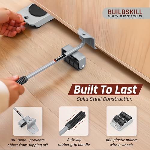 Image of BUILDSKILL 5 Pcs Furniture Lifter and Mover Tool Set | 360 Rotating Pads | Anti-Slip Grip | Heavy Duty Solid Steel Construction - Furniture Shifting Tool for Appliance Moving - Supports Up to 150kg