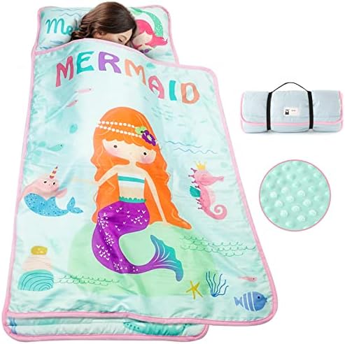 TANOSHII® Toddler Nap Mat with Pillow and Blanket, Portable Kids Sleeping Mats for Daycare, Preschool, Travel and Camping, 21" x 53", Lightweight and Soft Sleeping Bags for Kids, Mermaid