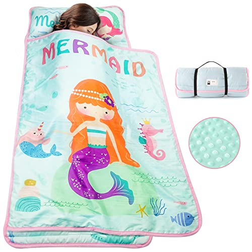 Tanoshii® Toddler Nap Mat With Pillow And Blanket, Portable Kids Sleeping Mats For Daycare, Preschool, Travel And Camping, 21" X 53", Lightweight And Soft Sleeping Bags For Kids, Mermaid #TOP2