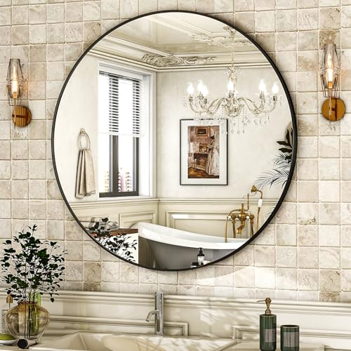 Image of HARRITPURE Round Mirror 24 Black Wall Mounted Circle Mirrors Vanity Mirror with Brushed Aluminum Alloy Frame Modern Decoration for Bathroom, Living Room, Vanity, Bedroom, Entryway