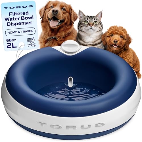 TORUS Filtered Portable Dog Water Dispenser [Upgraded 2025], 2L / 68oz, Automatic Pet Water Dispenser Noise-Free No Spill Water Bowl for Dogs, No Power Needed, Ideal for Medium & Large Pets